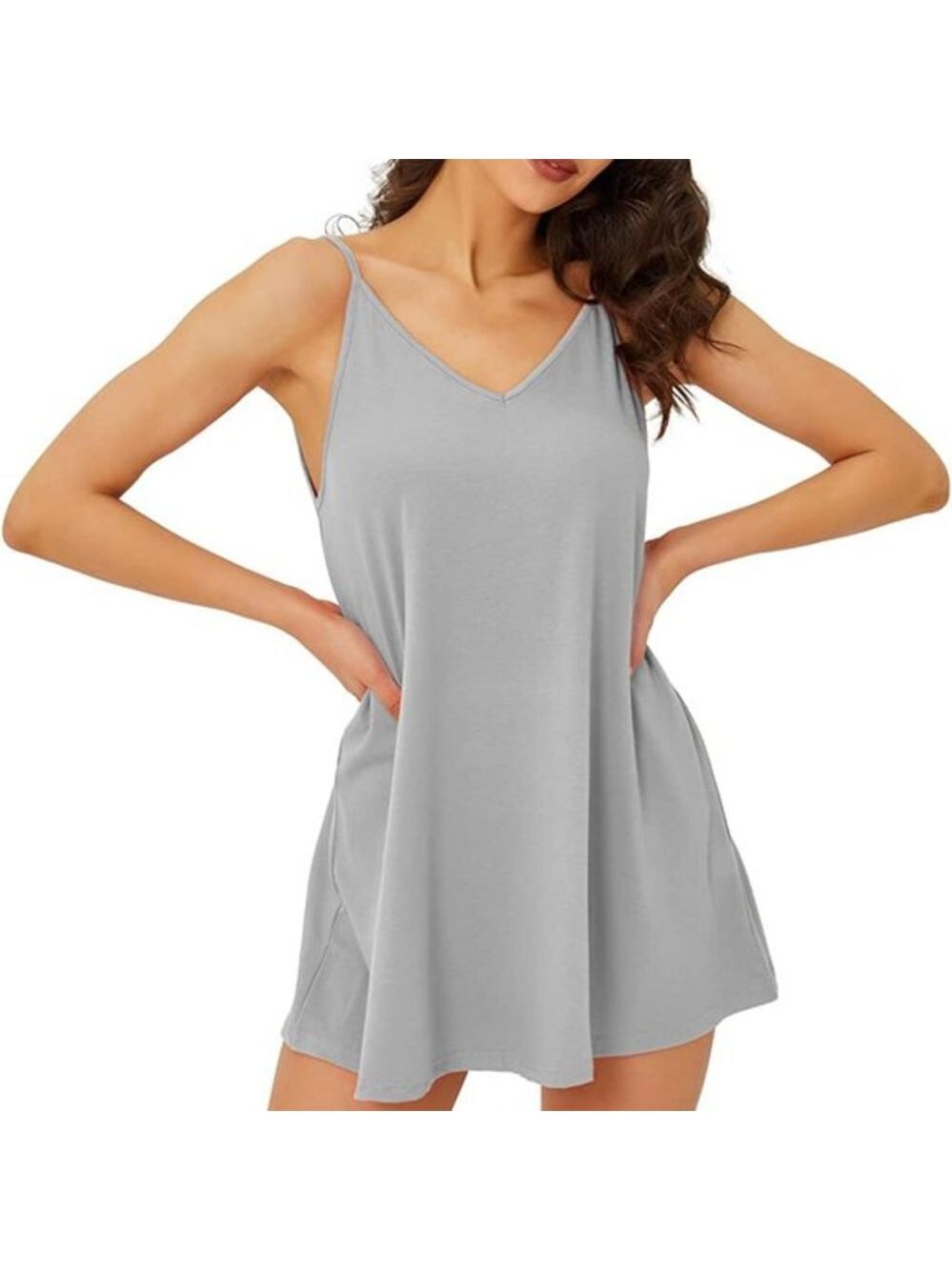 Spmor Women's Grey‎ Sleeveless Loose Short Dresses Plain Casual Tops